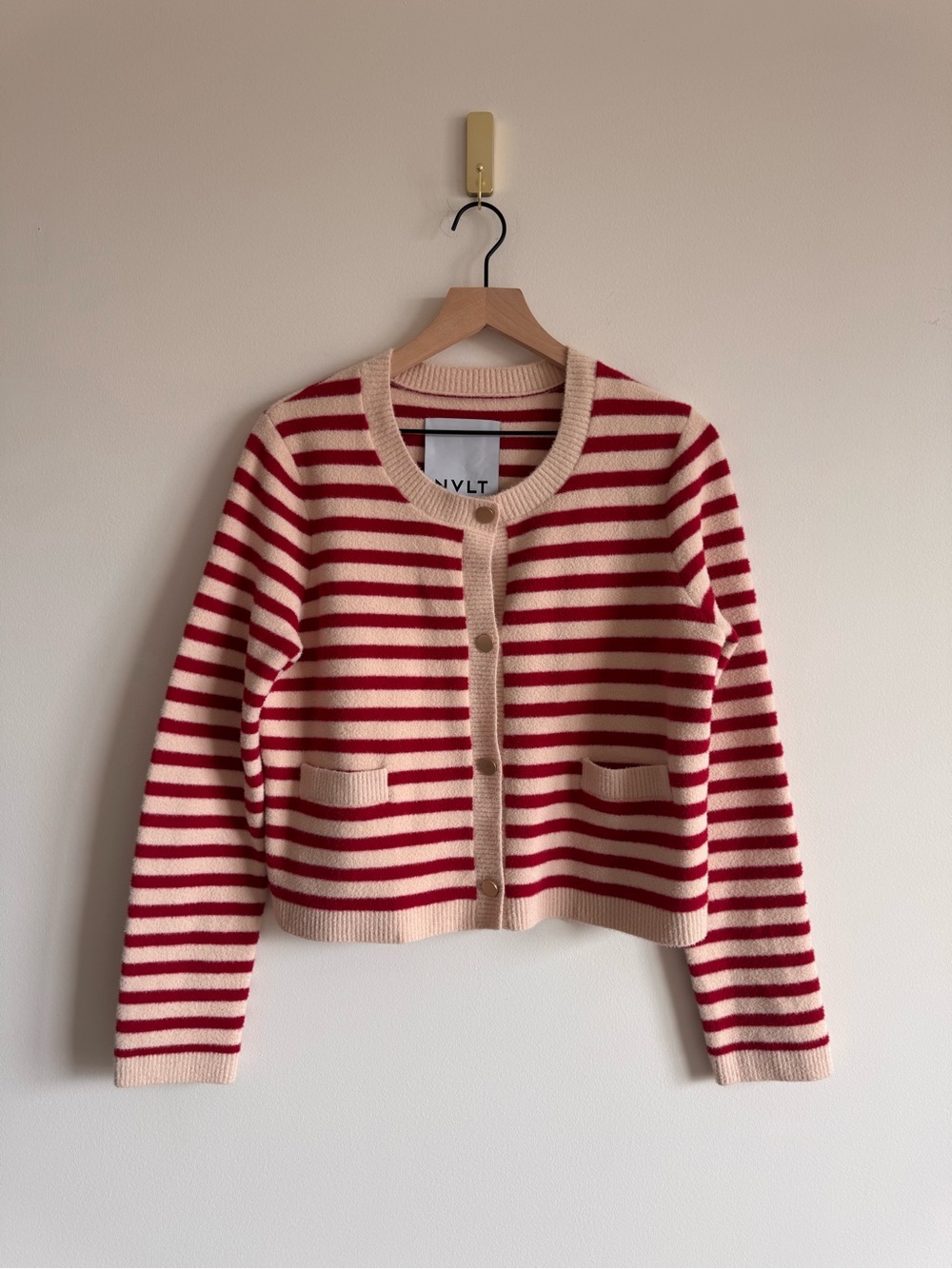 Anthropologie NVLT | Red Cream Striped Lady Jacket Cardigan Sweater ~ Medium - Picture 4 of 10